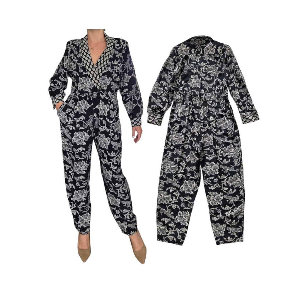 Vintage Joan Walters Long-sleeve Jumpsuit 80s Medium Petite Floral Paisley Rayon